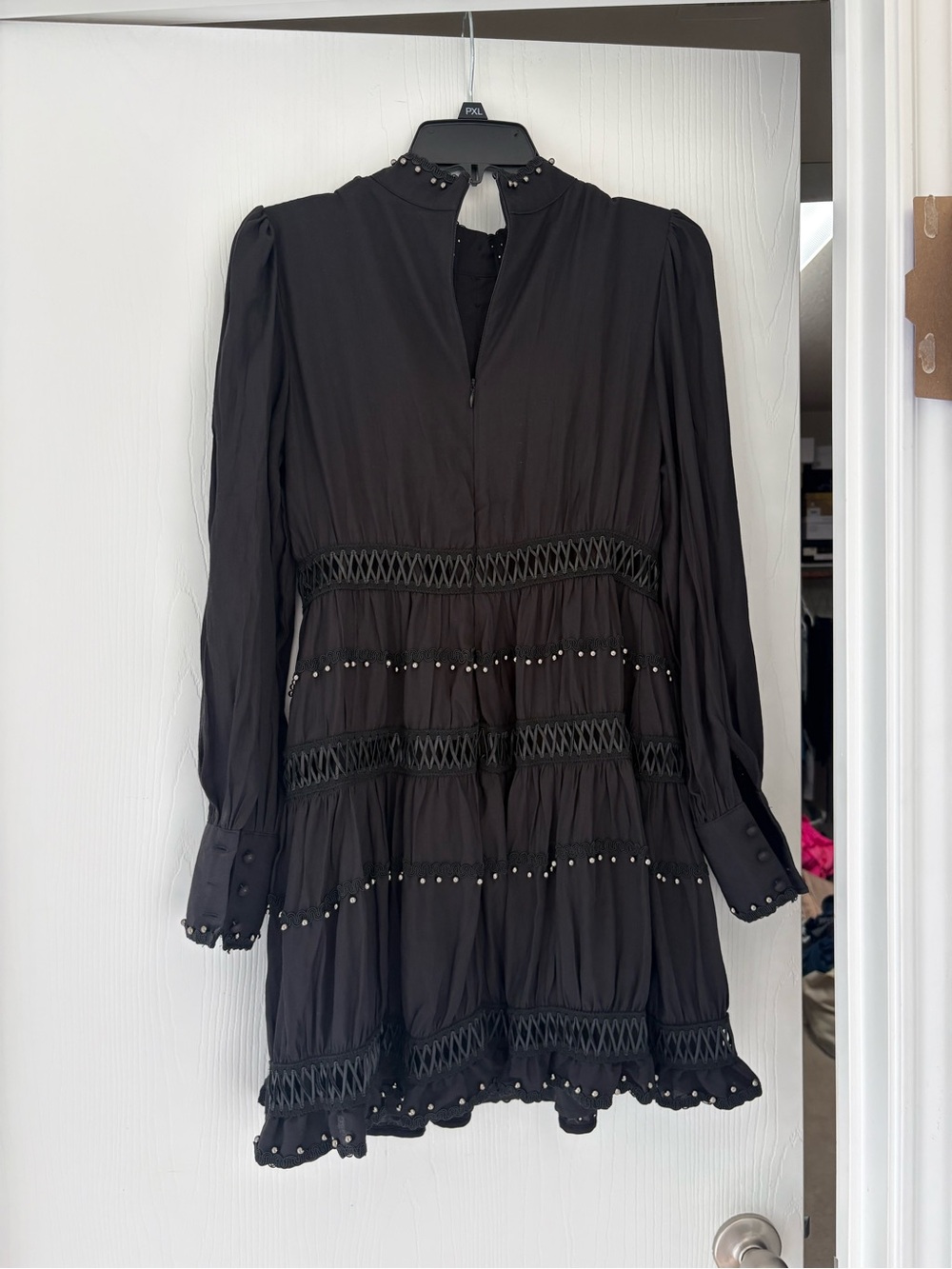 L'ATISTE Black Long-Sleeve Tiered Mini Dress with Stud Details